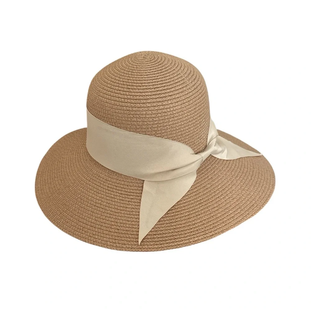 Sun Hat Wide Brim Cream Ribbon Bow Beach Vacation Summer Accessory New No tags